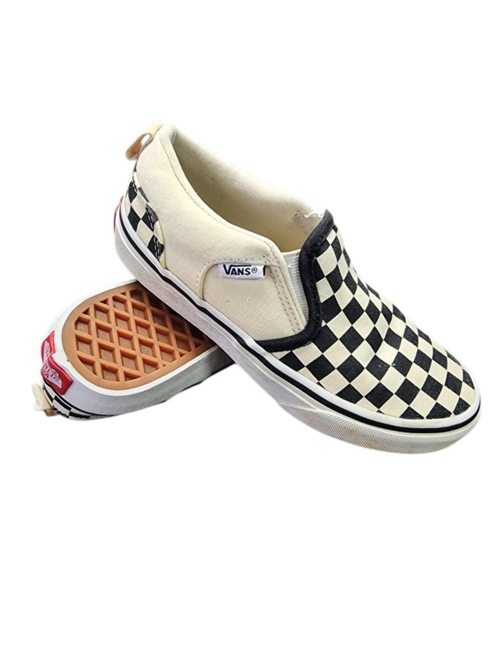 Vans Classic Asher Checkerboard Slip-On Shoes Youth Size 1 White Black Sneakers